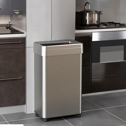 Image of iTouchless 18 Gallon Open Top Kitchen Trash Can Recycling Bin with Wheels and Double Odor Filters Rectangular Commercial Stainless Steel 68 Liter Trashcan Home Office Work Bedroom Livingroom Garage