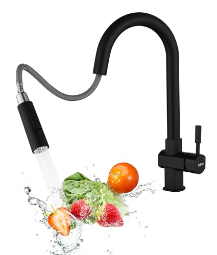Süßren Grifo Cocina Negro,Grifo Cocina ExtraíBle de Alta PresióN Con Rociador RetráCtil,Giratorio 360°,Grifo de Fregadero de Dos Tipos de Chorro de Agua,Grifo Mezclador de Acero