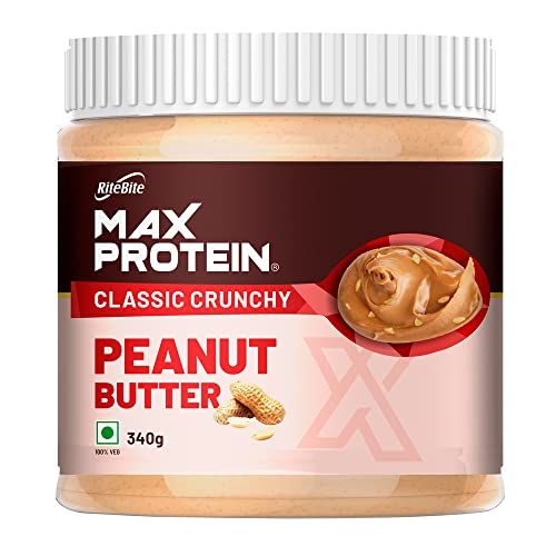 Image of Ritebite Max Protein Peanut Spread - Classic Crunchy Peanut Butter (340 g) - High Protein | High Fiber | Gluten Free | Vegan | No Preservatives | All Natural