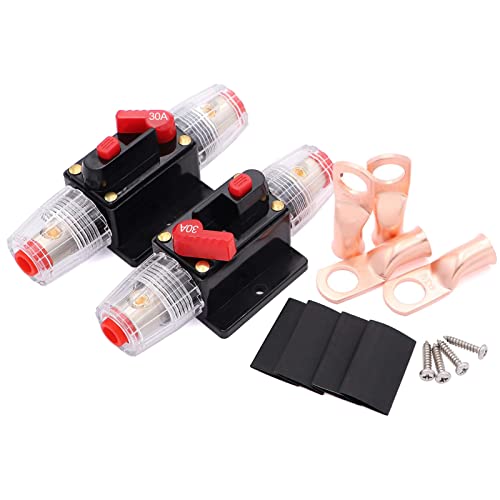 Image of 2 Pack Inline 30amp Circuit Breaker with Manual Reset Fuse Holder for Car Audio Marine Boat Stereo with Wire Lugs and Heat Shrink Tube