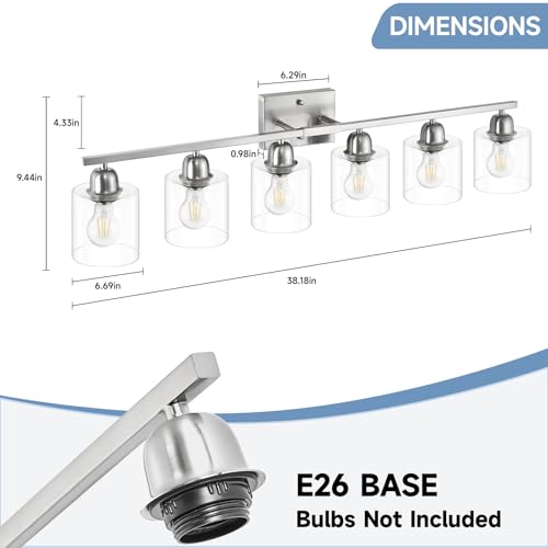 Image of Modern Brushed Nickel 6 Light Bathroom Light Fixtures,38 inch Vanity Lights for Bathroom with Clear Glass, Vanity Light for Mirror Kitchen Living Room Hallway Cabinet Porch