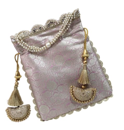 Image of MILAN'S CREATION Pure Banarasi Potli Silk Brocade Bag Purse Drawstring Women's handbag with Pearl Handle & Tassel Weddings