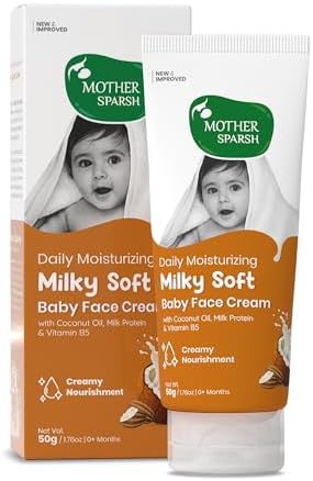 Mother Sparsh Milky Soft Baby Face Cream | Daily Moisturizing Face Cream for Babies With Coconut Oil, Milk Protein & Vitamin B5 | Non Sticky Baby Cream Prevents Dryness- (50g)
