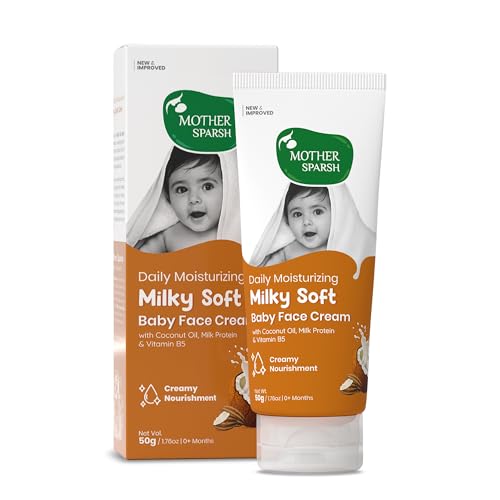 Mother Sparsh Milky Soft Baby Face Cream | Daily Moisturizing Face Cream for Babies With Coconut Oil Milk Protein & Vitamin B5 | Non Sticky Baby Cream Prevents Dryness- (50g)