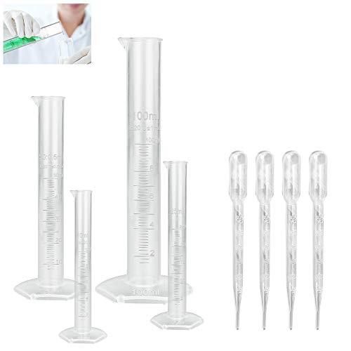 PERFETSELL 4 Pcs Probetas Graduadas 10ml 25ml 50ml 100ml Cilindros Graduados Probeta de Plástico Cilindro de Medición Plástico Cilindros Graduados de Laboratorio + 4 Pcs Pipetas 3ml para Medir Liquido
