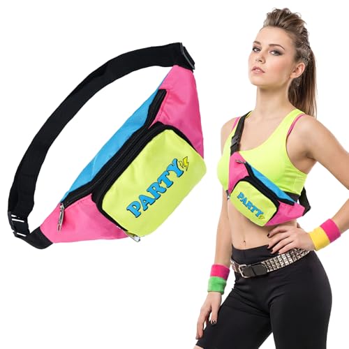 Kitimi Bauchtasche 80er Jahre Outfit Damen Bunte Neon Doppeltaschen Bauchtasche Festival Mit Verstellbaren Schultergurten MetallreißVerschluss Unisex GüRteltasche FüR Party Karneval Outdoor