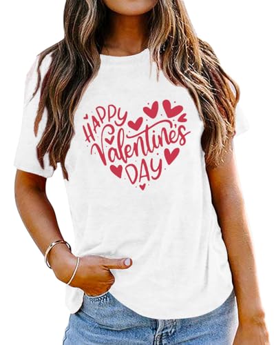Image of Aluvee Womens Valentines Day Shirt Happy Valentine Love Heart Print Tee Cute Girls Valentines Gift Top White B, X-Large