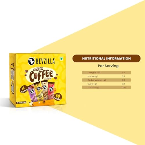 Bevzilla 60 Flavoured Coffee Sachets With Frother (60X2 Gram) | 15 Pouch Each Flavour | Hazelnut, Vanilla, Classic & Butterscotch | Cafe Coffee Kit