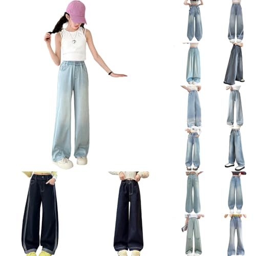 Girl Wide Leg Jeans Baggy Embroidery Letter Graphic Trousers High Elastic Waist Denim Pants Cute Y2K Trendy Tween Streetwear