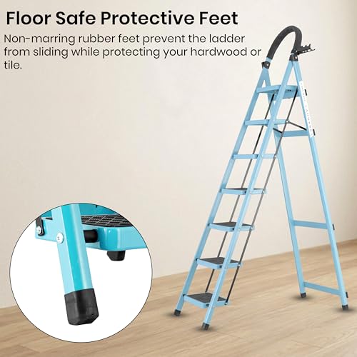 Image of Teal Blue 7 Step Ladder for Home Use with Built-in Tool Tray | Heavy Duty D Shape Rods | Ultra Large Platform | Wide Rubber Feet | 150Kg Capacity Foldable Ladder - 7 Years Warranty