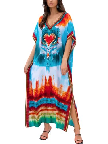 Image of KECVOT Kaftan Dresses for Women V-Neck Print Swimsuit Cover Up Plus Size Beach Caftan Lounge Dress