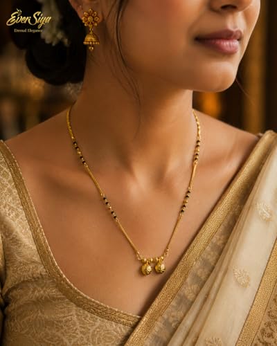 Image of 1 Gram Gold Plated Traditional Short Mangalsutra for Women| Daily Wear Short Tanmaniya With Black beads. 18 Inch Gold Plated Jewellery.