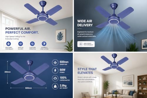 Image of haneul!!Ceiling Fan,4 Blade, High Speed, Small Size,600MM,Smoke Blue Made in India