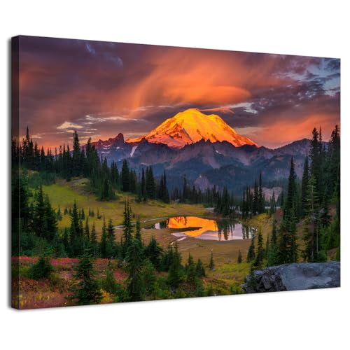 Modern Nature Wall Art Sunrise Mount Rainier Landscape Framed Canvas