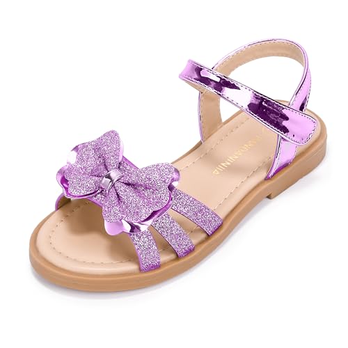 Image of PANDANINJIA Girls Sandals, Open Toe Cute Bow Princess Girls Flats, Sparkly Summer Dress Shoes Sandals for Toddler /Little Kid /Big Kid