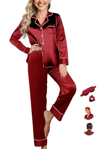 Womens Pajama Set Silk Satin Pajamas Long 2pc Pjs Button Down Sleepwear Pj Set Loungewear
