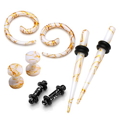 PiercingJ 8pcs Set 12G-00G White UV Acrylic Gauge Spiral Snail + Straight Tapers