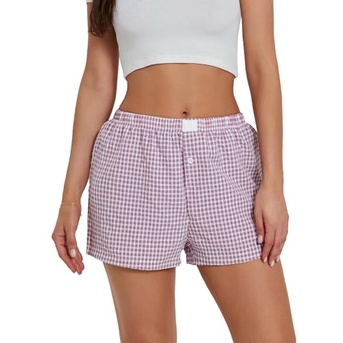 Image of Y2K Boxer Shorts for Womens Low Waist Plaid Lounge Shorts Elastic Cute Gingham Pajamas Bottoms