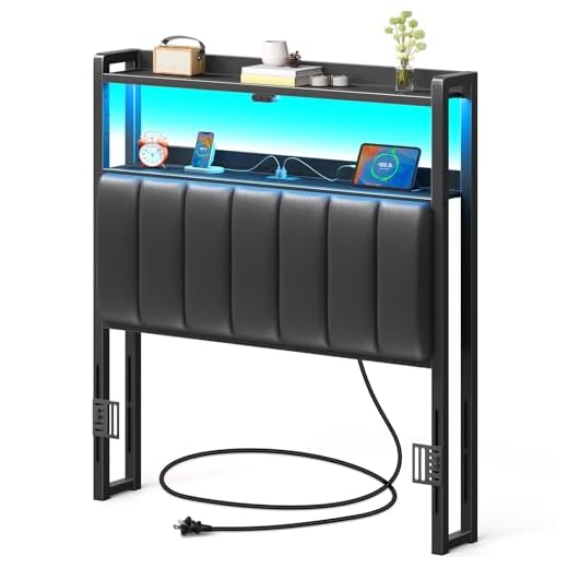 Rolanstar Headboard for Twin Size Bed with Storage, 60,000 DIY Color of LED Light, Head Board with USB & Type C Port, Height Adjustable, Black Upholstered Cabeceras de Cama Comfortable Modern, Leather