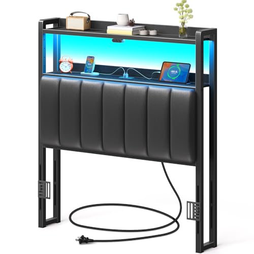 Rolanstar Headboard for Twin Size Bed with Storage, 60,000 DIY Color of LED Light, Head Board with USB & Type C Port, Height Adjustable, Black Upholstered Cabeceras de Cama Comfortable Modern, Leather