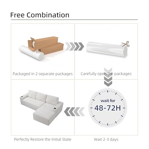Image of 104 inch L Shaped Boneless Sectional Couches for Living Room, Comfy Corduroy Floor Cloud Sofa with Chaise and Cup Holder, Wide Armrest, Deep Seat, Assembly Free, Ideal for Small Spaces, Beige
