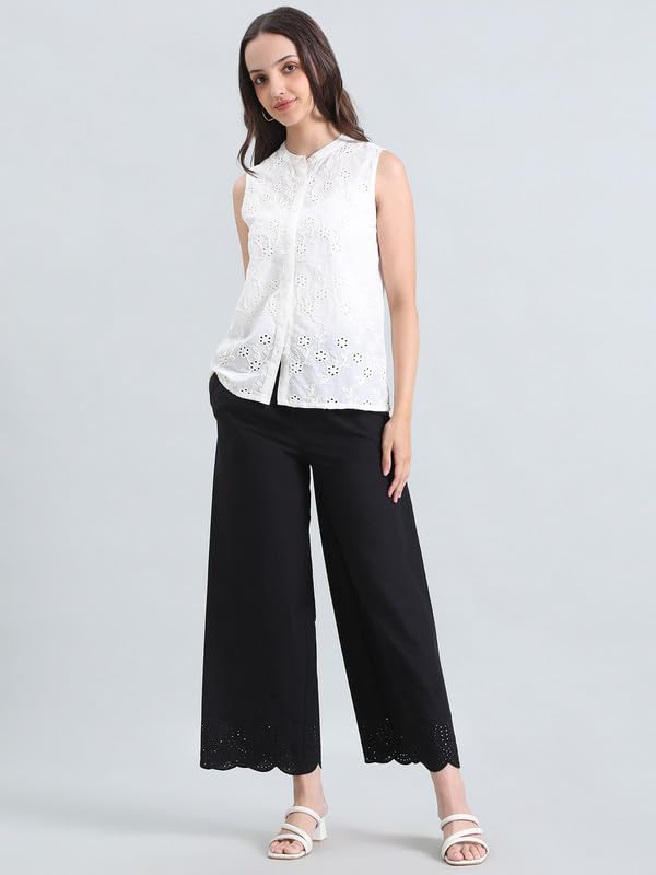 Image of GO COLORS Women's Cotton Hakoba Palazzo | Ankle Length, Schiffli Embroidery, Relaxed Fit, Mid-Rise with Side Pocket