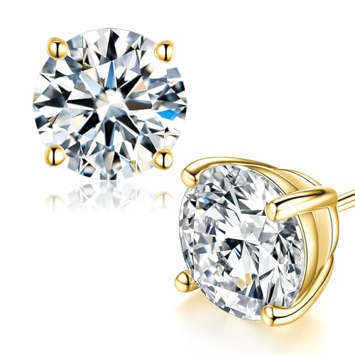 Moissanite Stud Earrings Gold Earrings Studs for Women Sterling Silver Plated 18K White Gold Jewelry for Men (Gold_ 4 Prong 2 CTW (1 Ct Each))