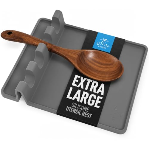 Zulay Kitchen Extra Large Silicone Utensil Rest with Drip Pad for Multiple Utensils - BPA-Free Heat-Resistant Spoon Rest & Spoon Holder for Stove Top - Kitchen Utensil Holder for Spoon - Gray