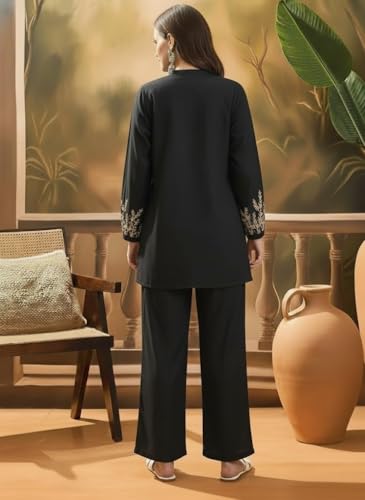 Image of SHEINZY Elegant Embroidered Sleeve Co-Ord Set for Women | Comfortable Silk Blend V-Neck Button-Down Top Matching Pants | Stylish Casual Ethnic Wear