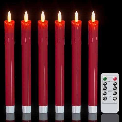 DRomance Dripping Flameless Taper Candles Flickering with Remote and Timer Battery Operated LED Taper Candle Real Wax 3D Wick Dinner Wedding Christmas Holiday Indoor Decor(6 Pack Red 0.78 x 9.7)
