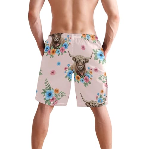 Men's Swim Trunks Quick Dry Swimming Shorts with Pocket Highland Cows Blue Floral Swimsuit Trunks2