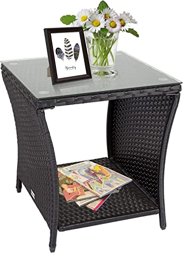 Zurssar Wicker Patio Side Table - Square PE Rattan Coffee Bistro Table w/Glass Top and Storage, Black