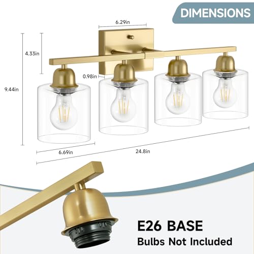Image of Modern Brushed Gold 4 Light Bathroom Light Fixtures, 24 inch Vanity Lights for Bathroom with Clear Glass, Bathroom Vanity Light for Mirror Kitchen Living Room Hallway Cabinet Porch