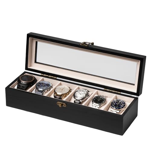 Exper City Watch Box, Watch Case for Men Women with Large Glass Lid, Wooden Watch Display Storage Box with 6 - Slots, Charcoal Black Mens Watch Box Organizer