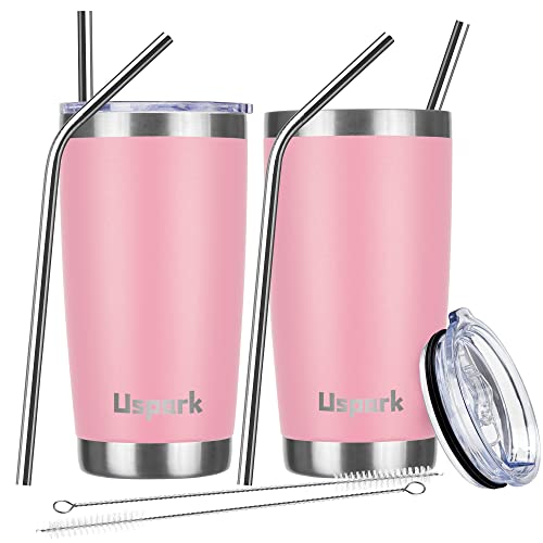 UsparkMC 20oz Tumbler Bulk Stainless Steel Cups with Lid and Straw, Double Wall Vacuum Insulated Travel Cups, Thermal Coffee Mug for Cold & Hot Drinks(Pink, 2 Pack)