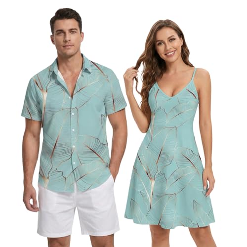 Image of DRESSFO Matchable Couples' Outfit Tropical Leaf Pineapple Print Button-up Shirt Or Strappy Dress