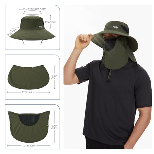 Bassdash Upf 50+ Breathable Sun Hat With Removable Face Cover And Neck Flap Wide Brim Bucket Hat For Fishing Hiking Men Women Army Green thumb #3