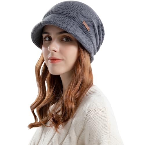 Enwokran Gorros de Punto con Visera para Mujer, Invierno Gorro de Suave y Elástico Cálido de Tejida Lana para Correr, Esquí, Ciclismo, Escalada etc (Gris Oscuro)