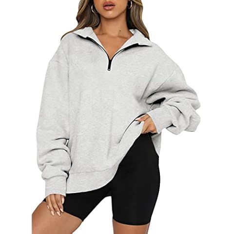 BLENCOT Women Half Zip Oversized Sweatshirts Long Sleeve Solid Color Drop Shoulder Fleece Workout Pullover Gray L Cover