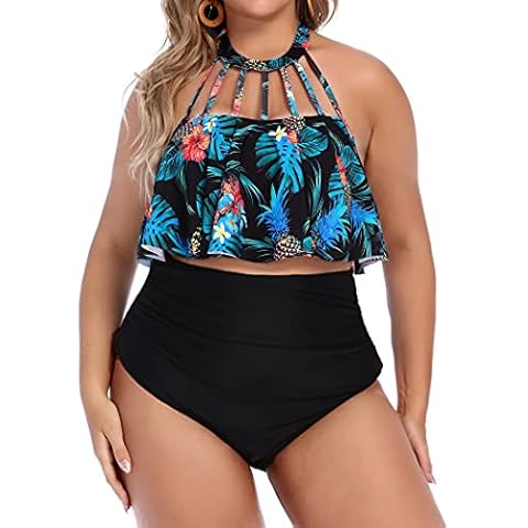AI'MAGE Women Bikini Set High Waisted Swimsuit Flounce Swimwear Two Piece Floral Swimwear Plus Size - black - X-Large Cover
