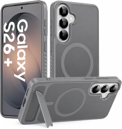 Image of Elzzi Magnetic Magsafe for Samsung Galaxy S26 Plus Case [Compatible with MagSafe][Full Camera Protection][Built-in Invisible Kickstand] Translucent Matte Phone Back Cover - Grey