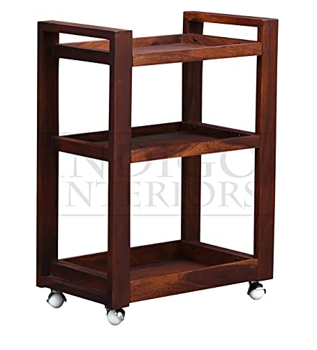 Image of Avian Solid Wood Bar and Serving Cart with Wheels- Industrial Style Rolling Storage Cabinet Trolley - Kitchen Bar Dining Room Tea Wine Rack with Wine and Bottle Holder