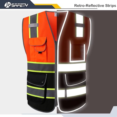 Image of JKSafety 9 Pockets High Visibility Dual Color Zipper Front MESH Lite Safety Vest | Yellow Color Triming Reflective Strip | ANSI /ISEA Standards (100-Orange-Black,3XL)