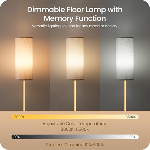 Image of Set of 2 Dimmable Floor Lamps for Living Room with 2 Remotes and Foot Switch, Modern Standing Tall Lamp, Corner Lamp for Bedroom, Bulb Included, 3000K-6500K, Beige and Gold DE06LDP205W1