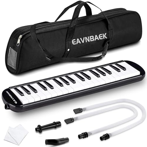 Eavnbaek 37 Keys Melodica Instrument, Soprano Melodica Air Piano Keyboard Pianica with 2 Soft Long Tubes, 2 Short Mouthpieces and Carrying Bag (Black)
