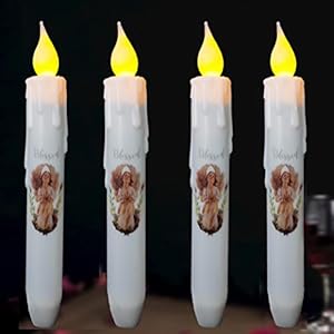 Timer Flameless Taper Candles, 6.75 Inch Set of 4 Timer Battery Taper Candles,Angel Blessed Decor White Candle,Primitive Wedding Kitchen Bedroom Dining Christmas Window Church Valentine Timer Flameless Taper Candles 675 Inch Set of 4 Timer Battery Taper CandlesAngel Blessed Decor White CandlePrimitive Wedding Kitchen Bedroom Dining Christmas Window Church Valentine