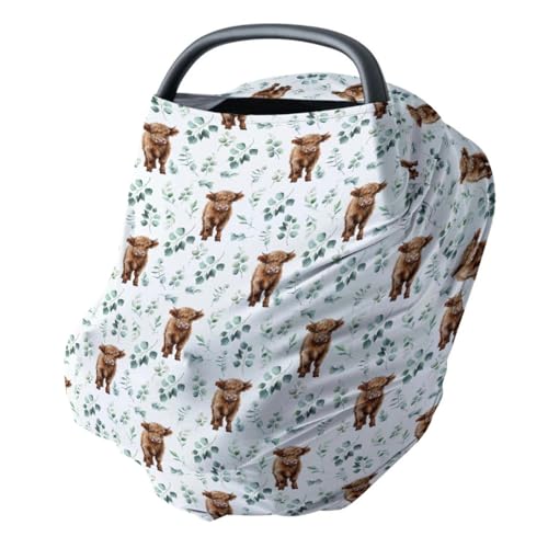 Image of HawSkgFub Highland Cow Eucalyptus Leaf 5-in-1 Car Seat Cover for Baby Boy Cow Lover Gift, Western Cowboy Privacy Breastfeeding Nursing Cover, Newborn Infant Multi-use Carseat Canopy Carrier