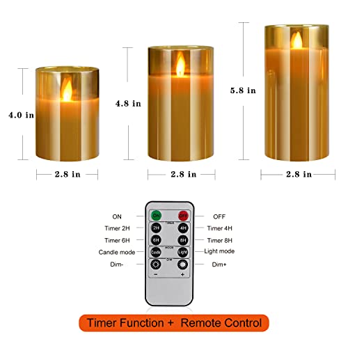 YMing LED Flameless Battery Operated Electric Candles, Flickering Timer & Remote Control Gold Glass Pillar Realistic Wick Flame Mode, Real Wax Moving Warm Light Candles 4" 5" 6" Set of 3 - Image 2