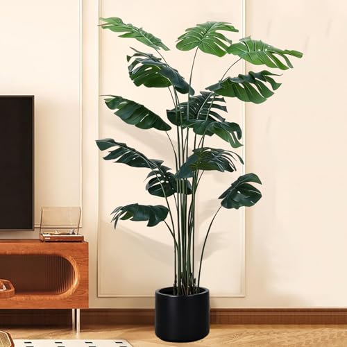 人工観葉植物 大型、フェイクグリーン 70-240cm、フェイク植物おしゃれ 装飾、造花 インテリ ア、鉢植え 葉、パキ ラ 多幸の 木、ヤシの木、モンステラ、オフィス、室内 装飾、鉢植え 植木、シンプ ル、ギフ ト、新築祝い (モンステラの葉, 120x