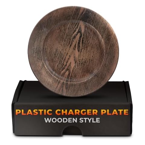 BURIUS 13'' Round Plastic Wood Charger Plates Set of 4 Chargers In Bulk Rustic Wood Round Table Charger Wedding Party Chargers Plate Set for 4-13 inch Charger Plates Charger Wedding Table Decor Cover